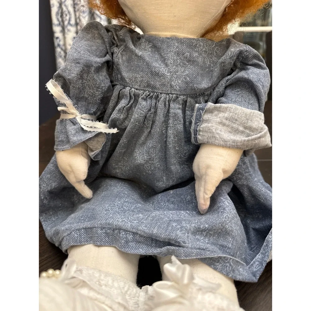 Handmade Cloth Rag Doll Red Hair Blue Eyes Blue Floral Prairie Dress‎ 23 Inch